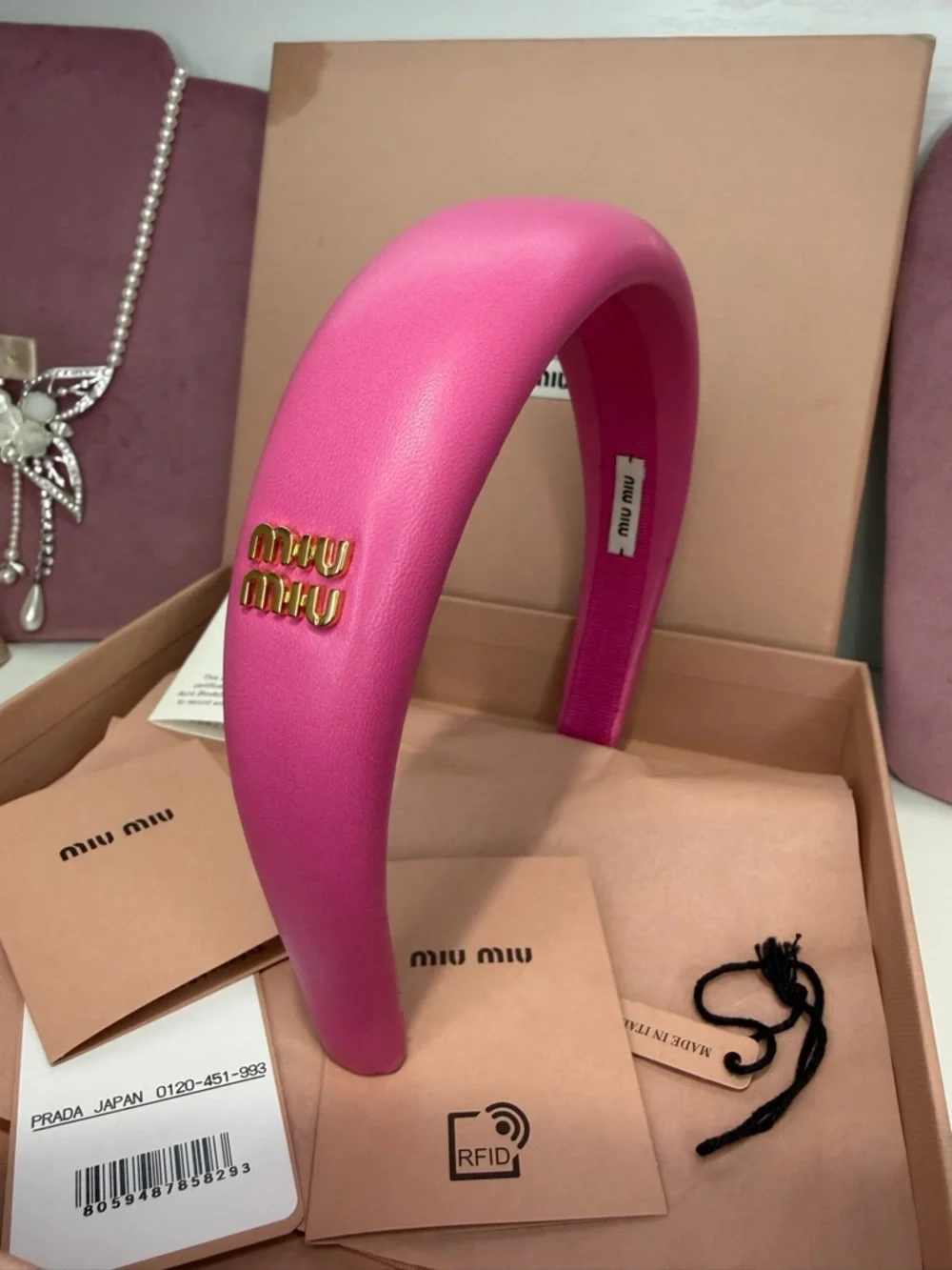 Miu Miu Hot Pink Padded Leather Headband with Gold Logo - Picture 3 of 12